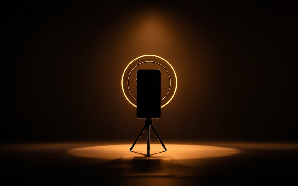 Um aro de luz aceso num quarto escuro, com um celular num tripé e a tela vazia